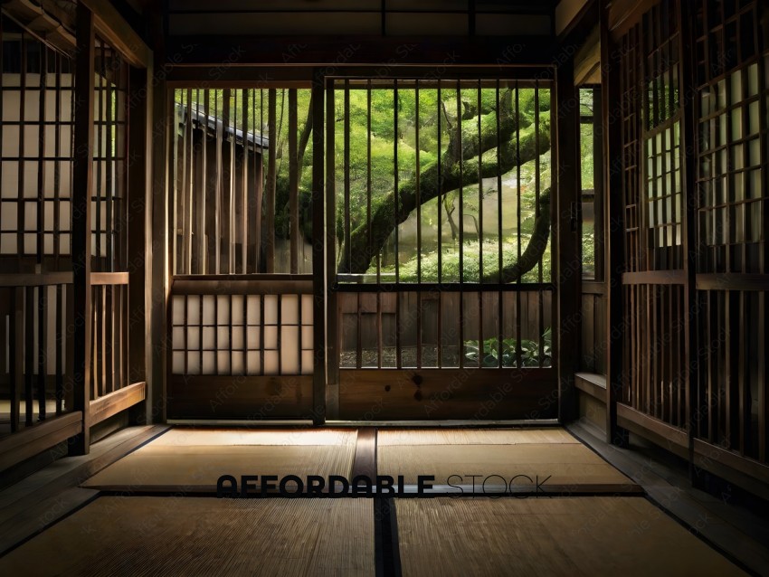 A view of a room with a wooden floor and a tree outside the window