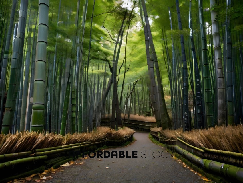 A pathway through a forest of bamboo trees