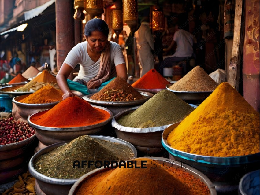 A woman sits in front of a table of spices