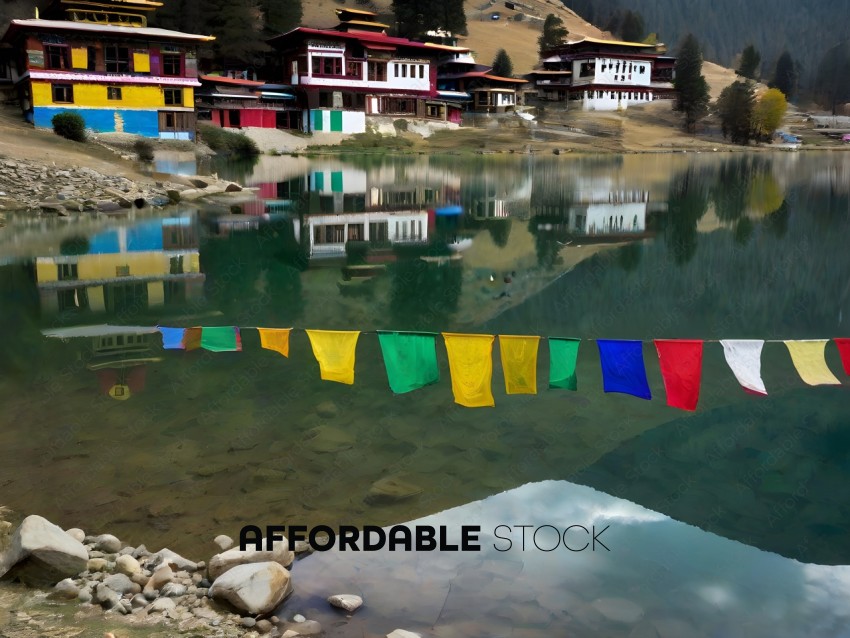 Colorful flags hanging over a lake