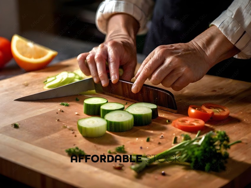 A person cutting cucumbers on a cutting board