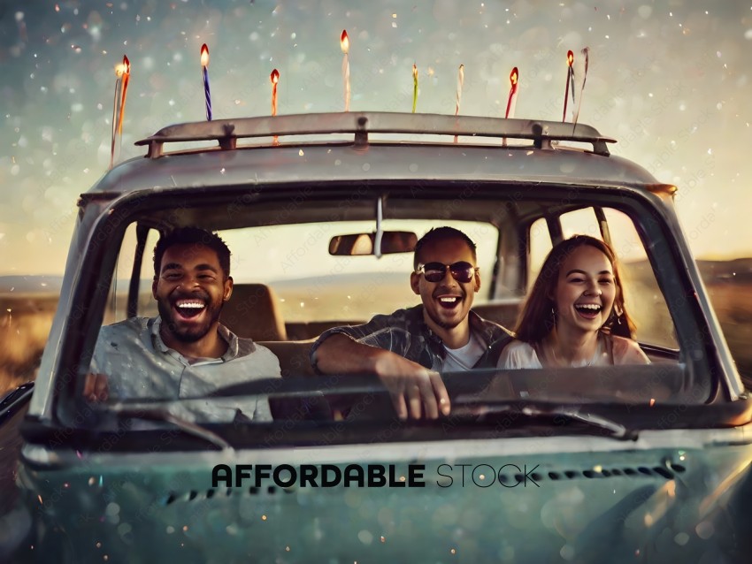 Three people laughing in a car with birthday candles