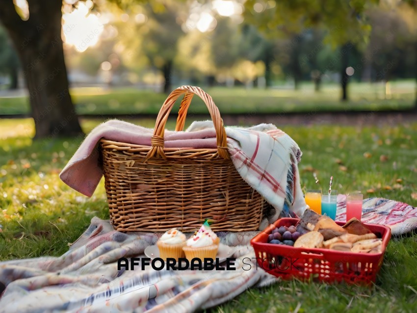 A picnic basket with a blanket and cupcakes