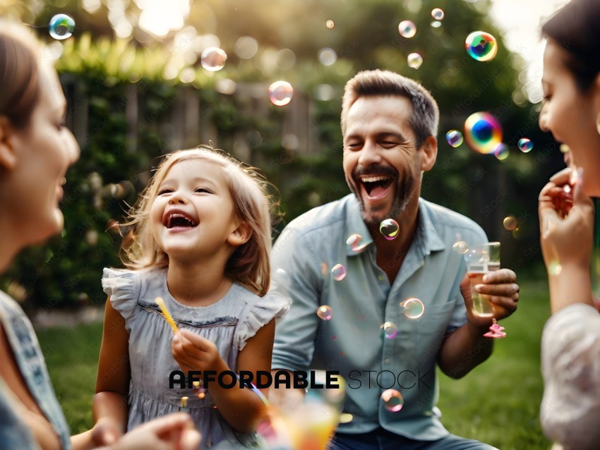 A man and a little girl are laughing and smiling while watching bubbles