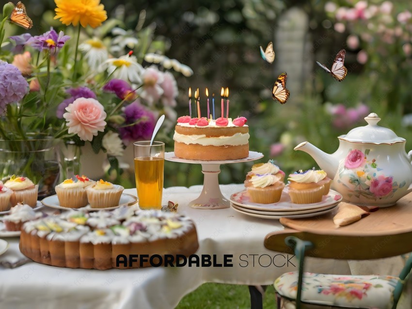 A table with a cake and cupcakes and a tea set