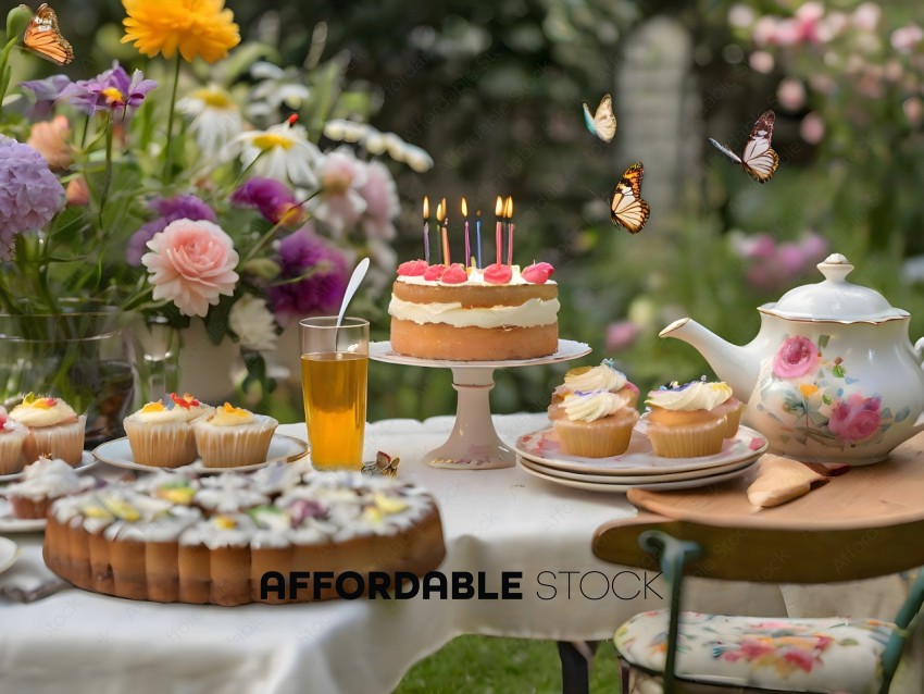 A table with a cake and cupcakes and a tea set