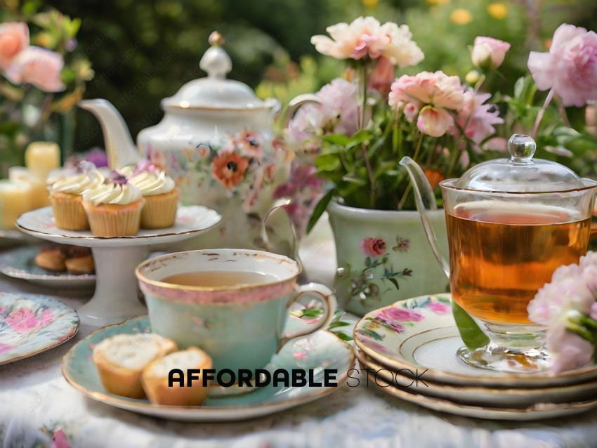 A tea set with a variety of pastries and flowers