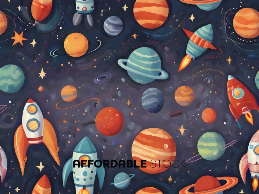 A colorful illustration of planets and rockets