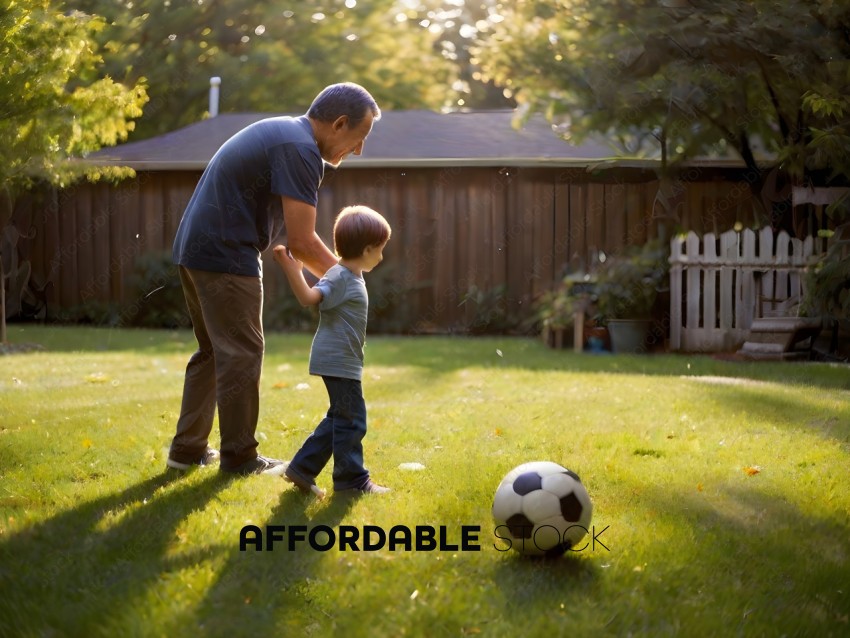 Man and child playing with soccer ball in yard