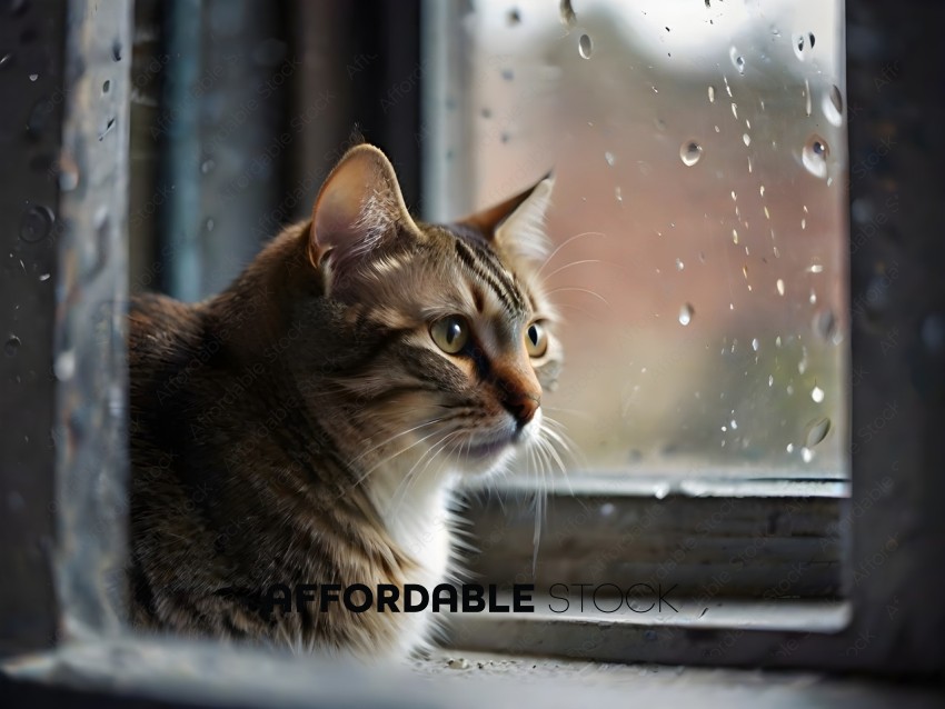 A cat looking out the window on a rainy day