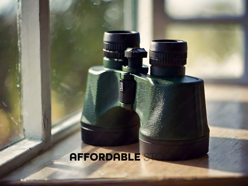 A pair of binoculars sitting on a windowsill