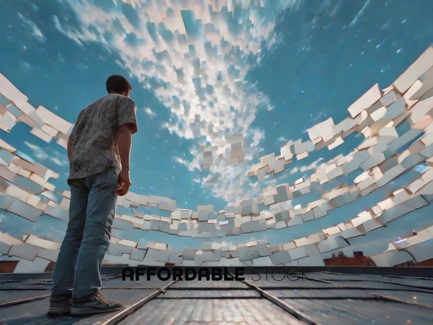 A man looking up at a sky full of squares
