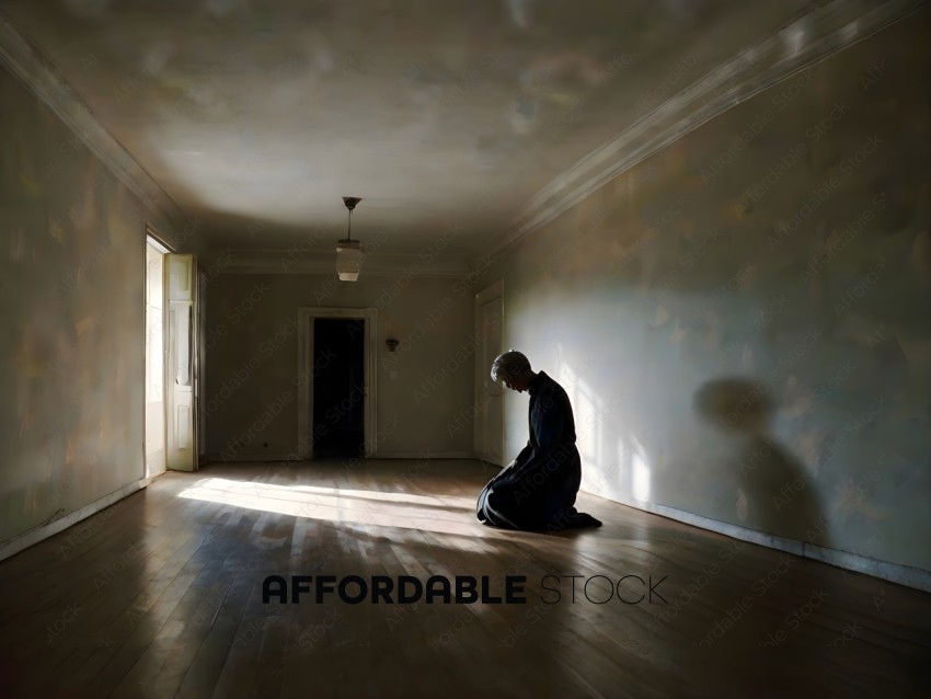 Woman kneeling in a room with a white wall