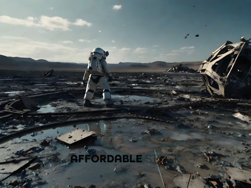 Astronaut standing in a destroyed landscape