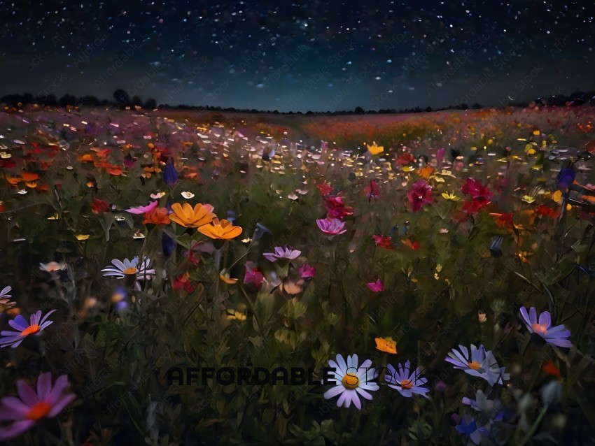 A field of flowers with a starry sky in the background