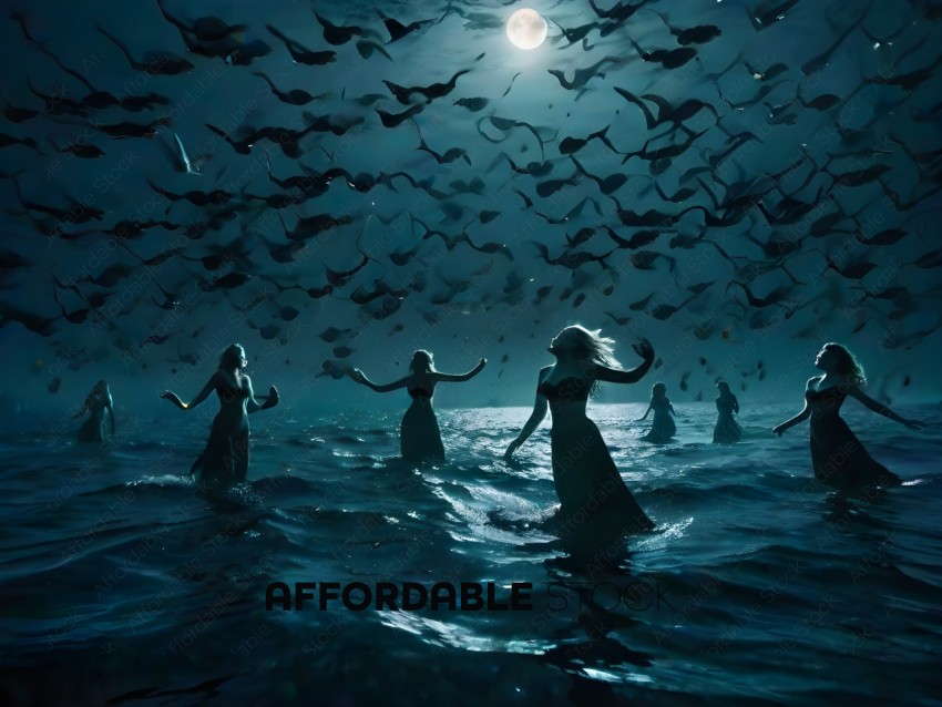 A group of women in a body of water with birds flying above