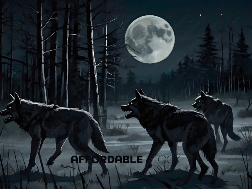 A pack of wolves walking through the forest at night