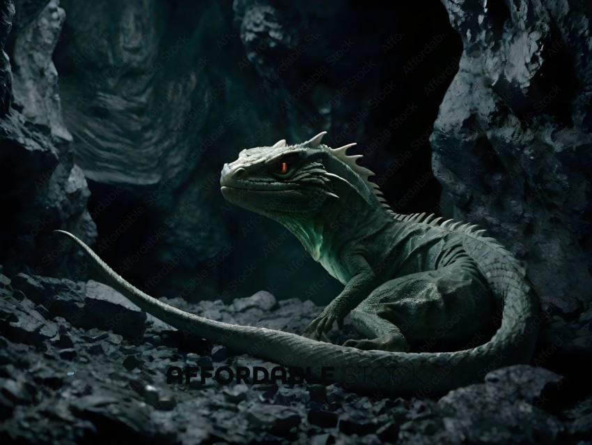 A lizard sits in a dark cave