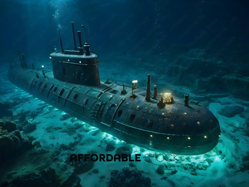A submarine is underwater with a light on