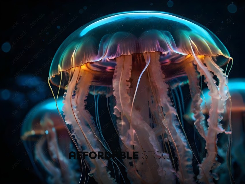 A close up of a jellyfish with a blue glow