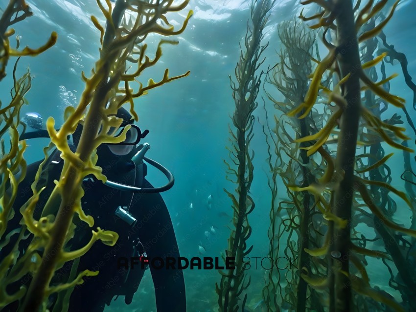 Diver in a wetsuit underwater surrounded by sea plants