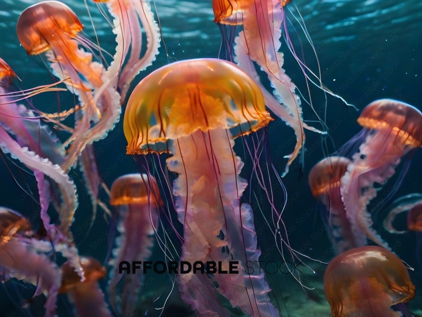 A group of purple and orange jellyfish in the ocean