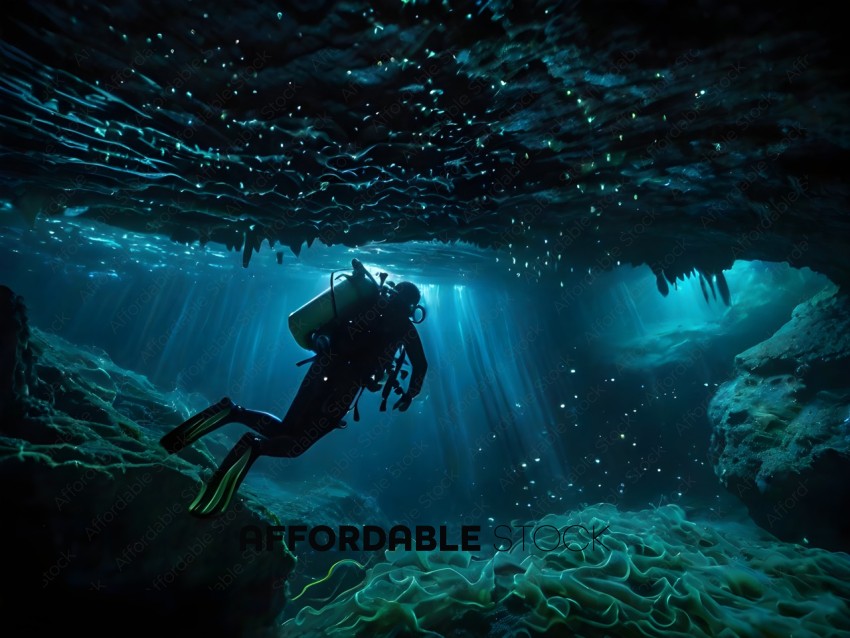 Diver in a cave with a blue light