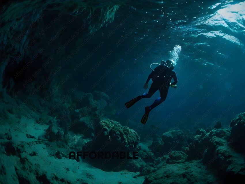 Diver in a cave with a blue mask