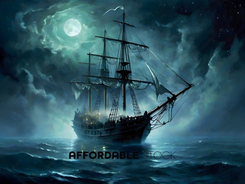 A painting of a ship at night with a full moon in the background