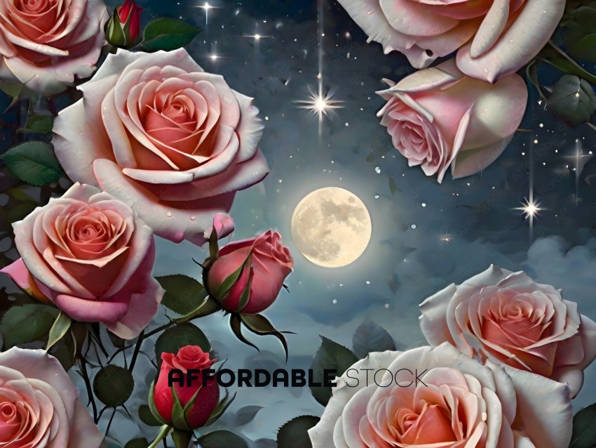 A bouquet of roses with a full moon in the background