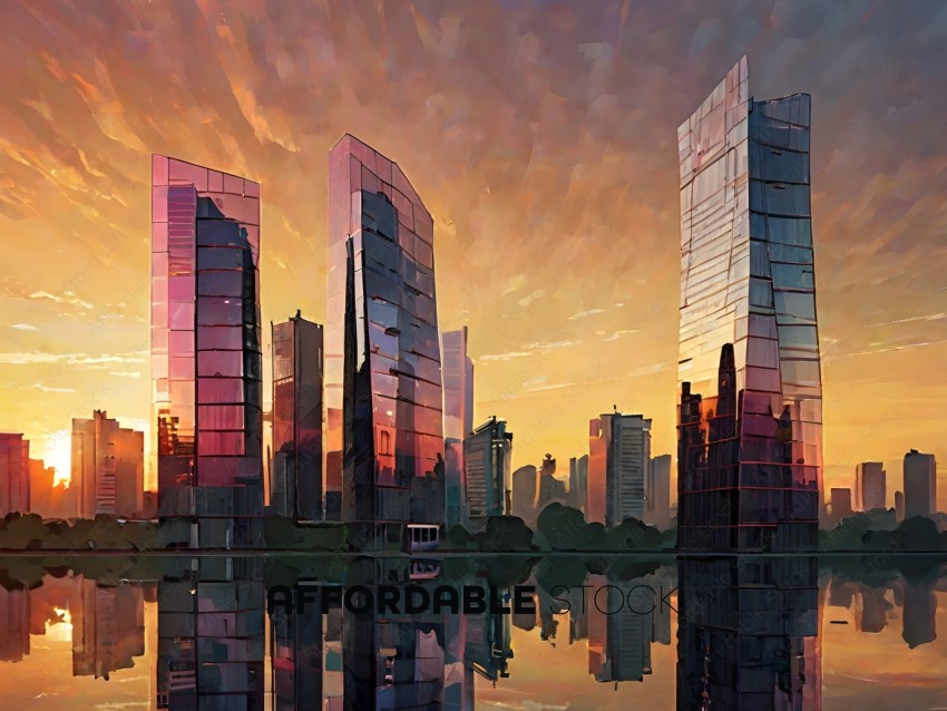 A cityscape with a reflection of the buildings in the water
