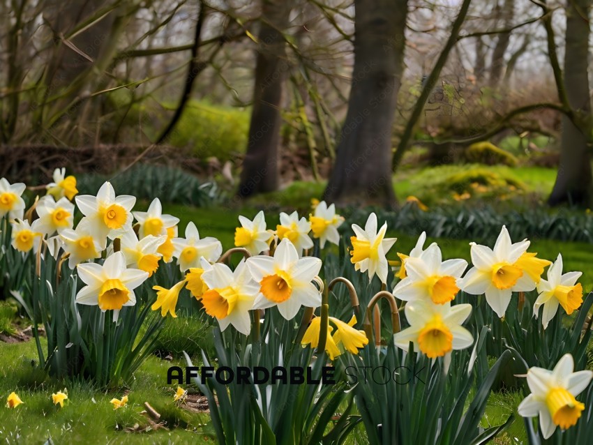 Yellow and white daffodils in a field