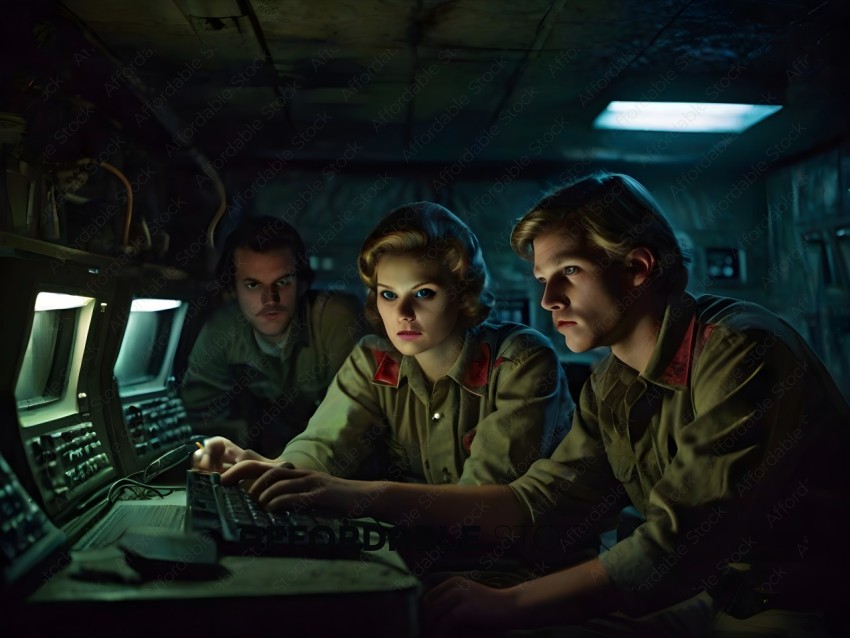 Three people working on a computer in a dark room