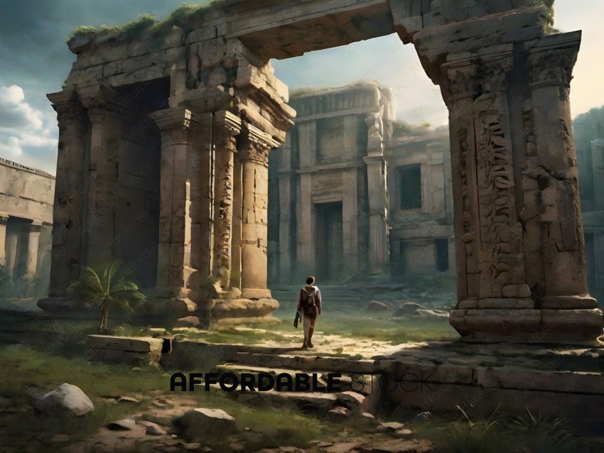 A man walking in front of ancient ruins
