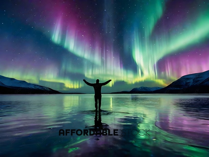A man standing in the water with his arms outstretched and a beautiful sky in the background