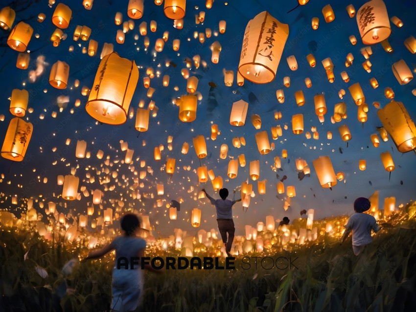A group of people are standing in a field of grass with many lanterns floating in the air