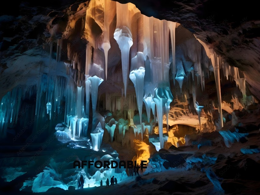 A group of people walking through a cave with blue lights