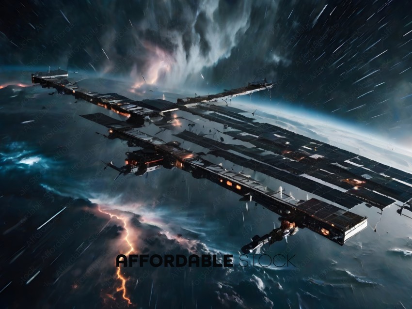 A futuristic space ship with a stormy sky in the background