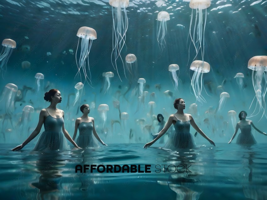 Three women in white dresses swimming in a sea of jellyfish