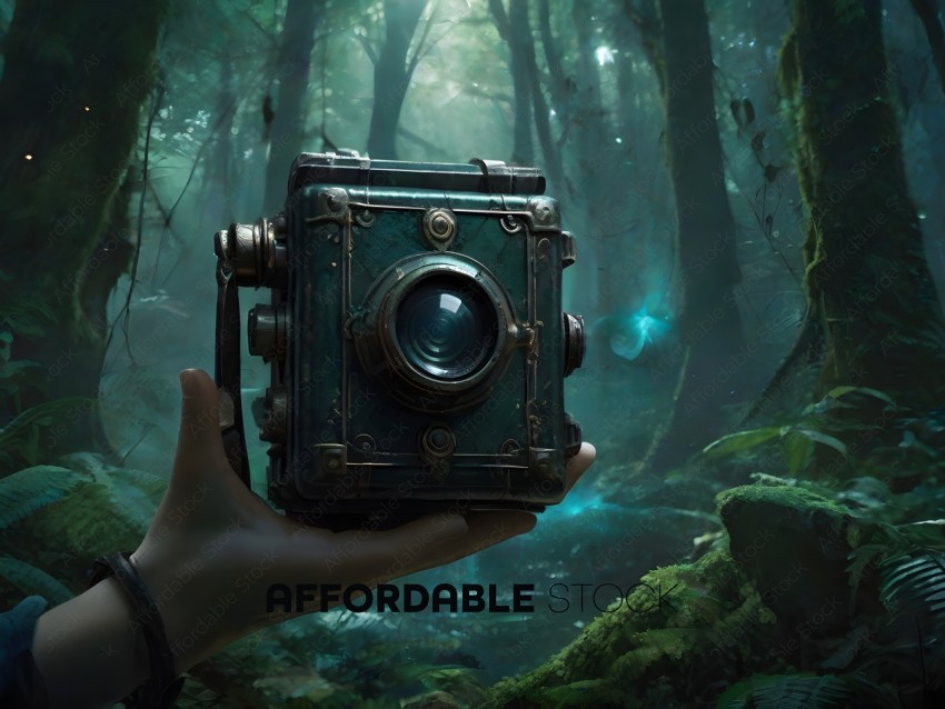A person holding a camera in a forest