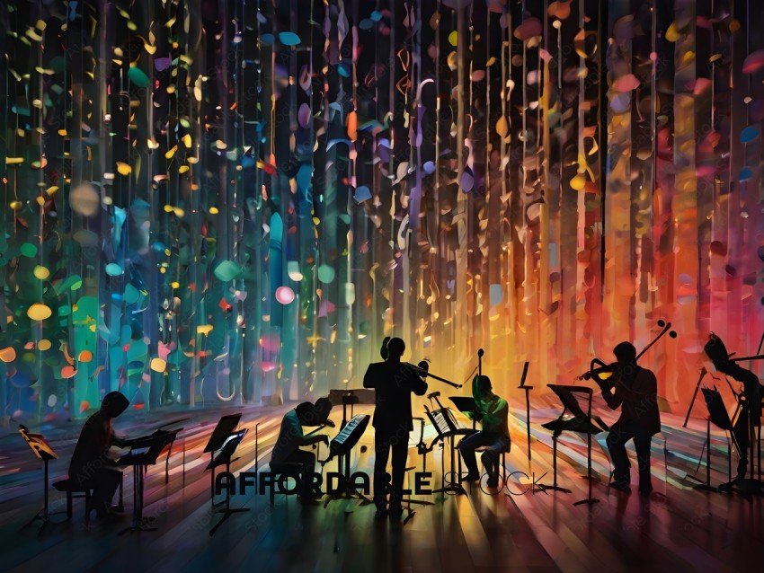 A group of musicians playing instruments in a colorful room