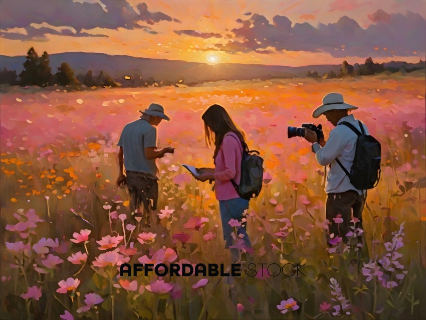 Three people standing in a field of flowers