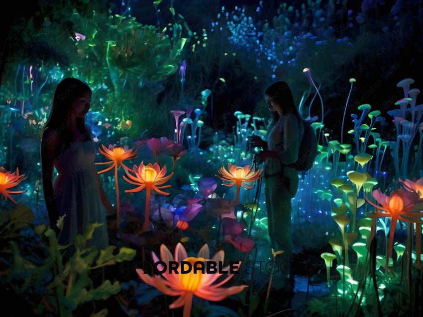 Two girls in a garden of flowers and plants with neon lights