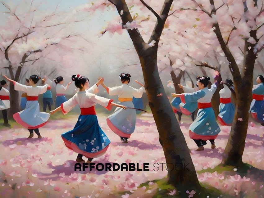 A group of women in traditional Japanese dresses dancing in a park
