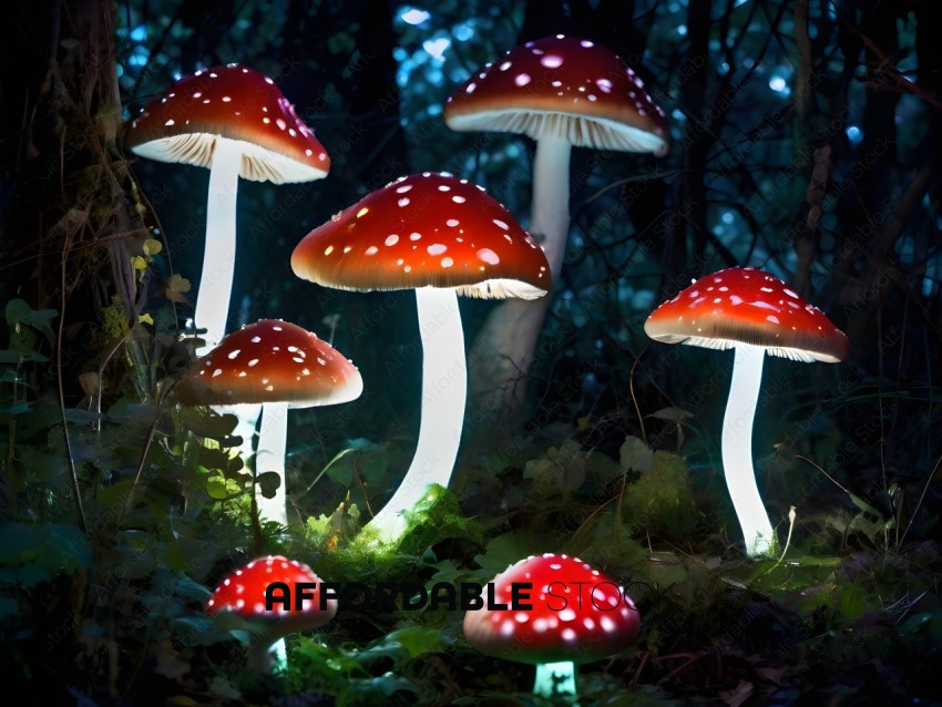 A group of mushrooms with a green glow