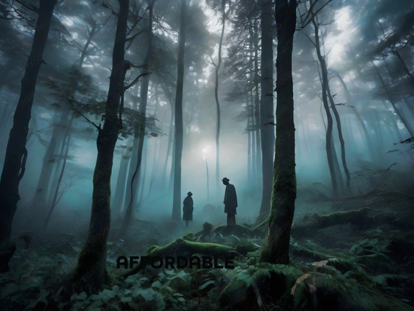 Two people standing in a forest