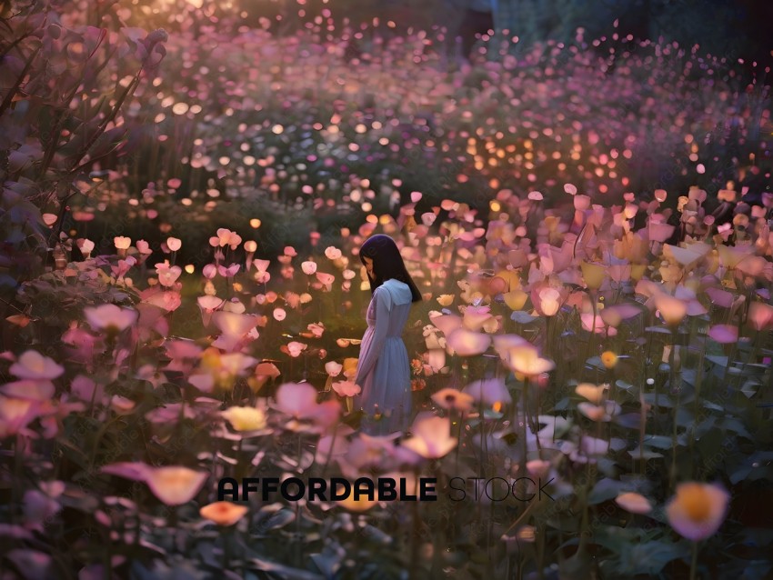 A girl in a white dress stands in a field of flowers