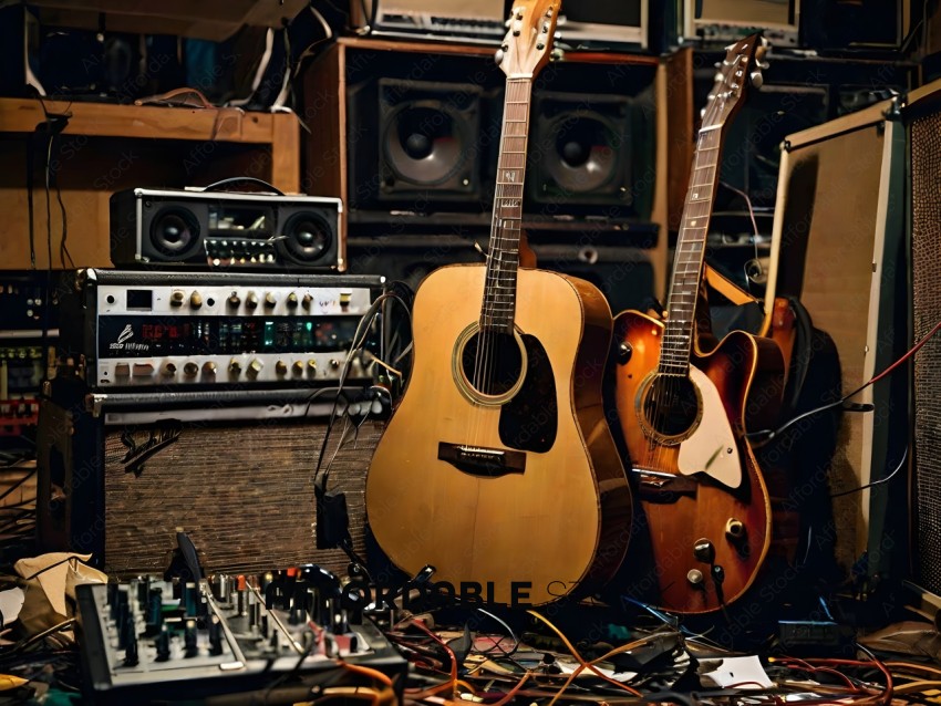 Guitars and amplifiers on a table