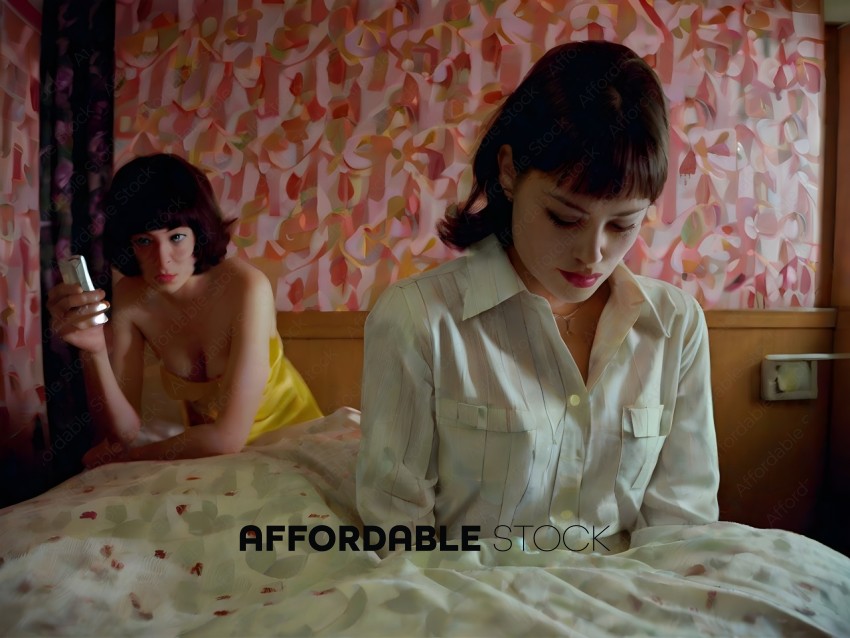 Two women in bed, one in yellow and one in white