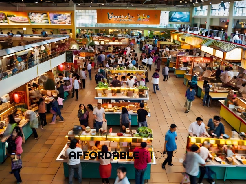 A crowded food court with many people shopping for food